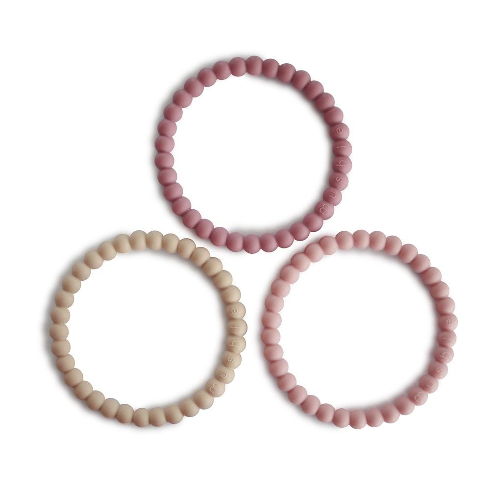 Mushie Pearl Teether Bracelets 3 Pack Linen/peony/pale Pink