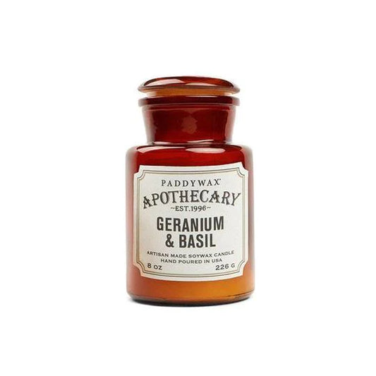 Apothecary Glass Candle 8oz Geranium & Basil